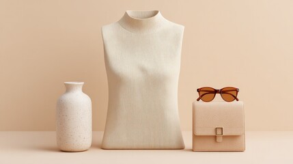 Elegant display of fashion items featuring knitted top, stylish