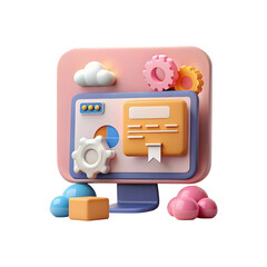 Cute 3d computer monitor with gears and clouds isolated on transparent background