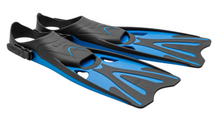 A pair of black and blue swim fins are arranged in a studio shot setting.