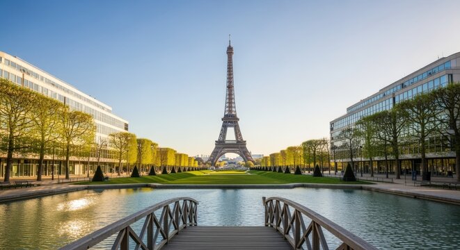 Iconic Eiffel Tower View from Iena Bridge, Paris, France at Sunset, Featuring City Architecture