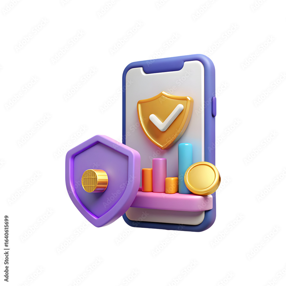 Poster 3d mobile phone with security shield and financial charts isolated on transparent background