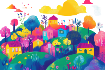 Colorful whimsical illustration of a vibrant community nestled among lush hills under a bright sky with cheerful clouds and playful trees