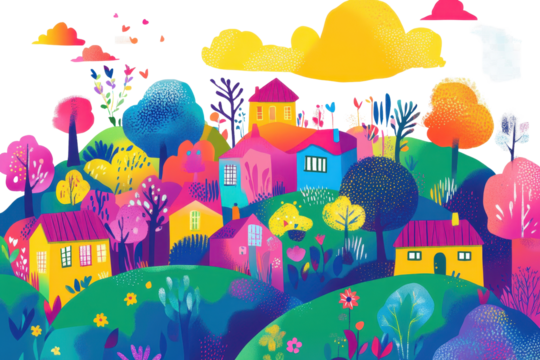 Colorful whimsical illustration of a vibrant community nestled among lush hills under a bright sky with cheerful clouds and playful trees - Powered by Adobe