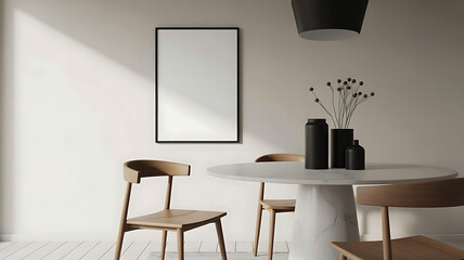 Minimalist dining room with natural light casting shadows on a wall with a tall mirror and wooden chairs