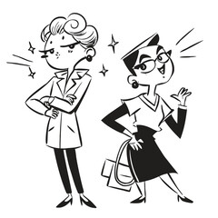 Two fashionable women in a 1950s-inspired black-and-white cartoon style, bold lines, confident poses, one in a skirt suit, the other in a short skirt and sweater, mid-century modern illustration style