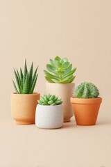 Obraz premium Stylish arrangement of various succulents in colorful pots again