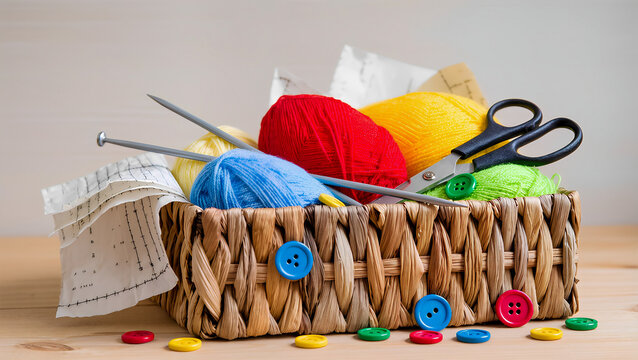 A close-up of colorful skeins of knitting yarn placed on a textured wooden background. The photo shows skeins of yarn in various colors, such as blue, pink, yellow, green, and beige. The yarns are nea