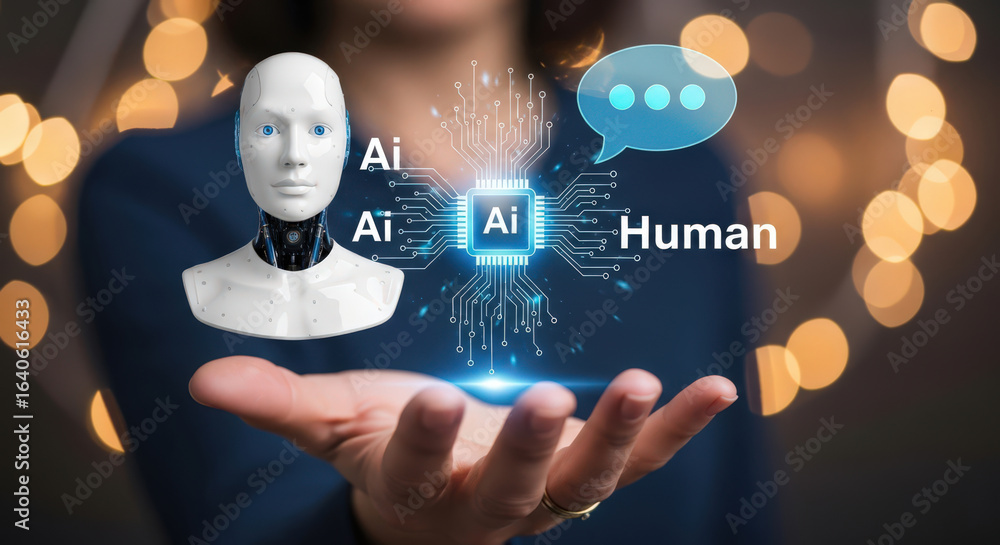 Poster artificial intelligence and human collaboration a futuristic vision of technology integration and sy