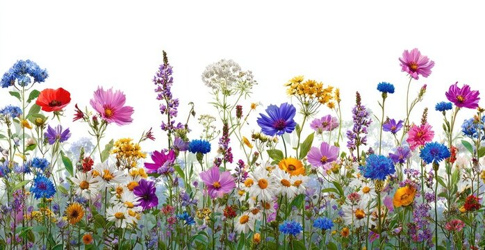 Vibrant wildflowers in various colors bloom in a horizontal array against a pure white background
