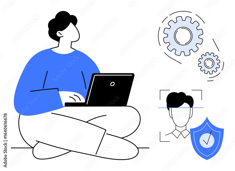 Poster individual using a laptop, gears representing process, face recognition icon, and a security shield.