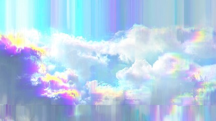 Pastel-toned, glitch art sky with clouds. Vertical digital distortion lines overlay a vibrant, soft palette of pastel colors, showcasing a cloud formation