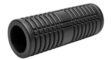 Close-up studio shot showing a black textured foam roller on black backdrop.