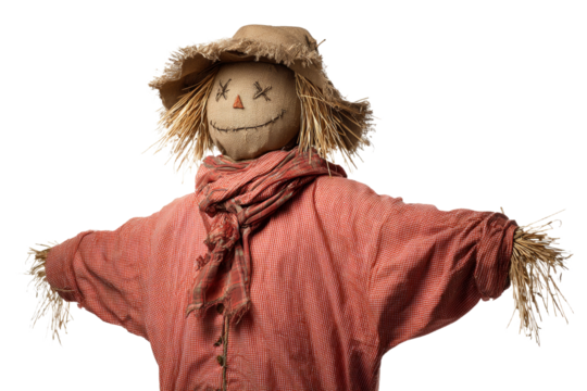 A scarecrow with a hat and a straw hat is smiling
