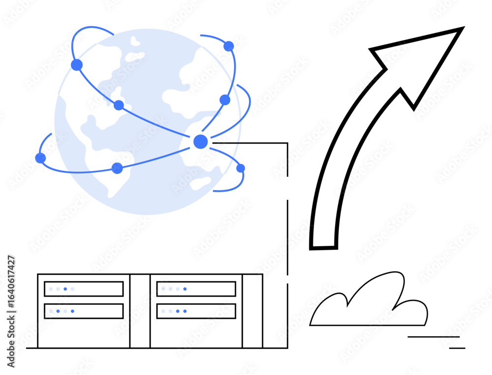 Poster servers connecting a globe via nodes and lines, with an upward arrow symbolizing growth. ideal for t