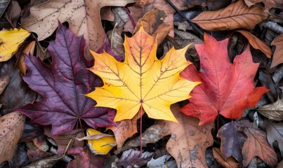 Colorful maple leaves on ground autumn season background nature still life