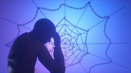 Silhouette of person breaking free from metal chains web network The concept is a symbol of obsession and addiction render 3d