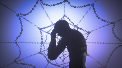 Silhouette of person breaking free from metal chains web network The concept is a symbol of obsession and addiction render 3d