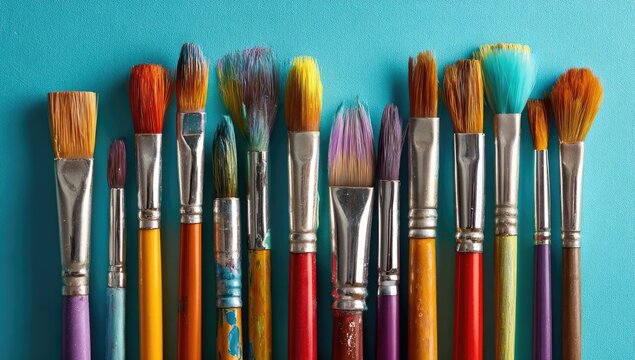 Colorful paintbrushes in a row, various sizes and colors, on a light teal background