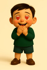 3D cartoon child with hearts in eyes, blushing cheeks, excited grin