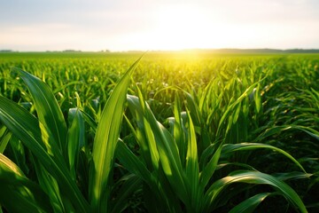 Fototapeta premium Vibrant Green Cornfield at Sunrise: Agricultural Landscape with Golden Light Illuminating Crops