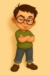 3D cartoon little boy with crooked glasses and smirk, mischievous look