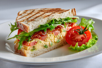 food photography, a white plate with a tomato and hummus sandwich isolated on a white background
