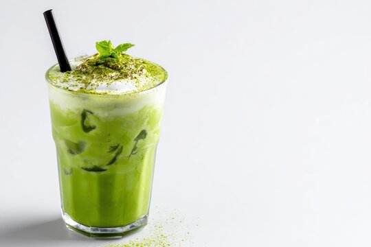 Green drink w straw white foam green powder  mint in glass Right white space