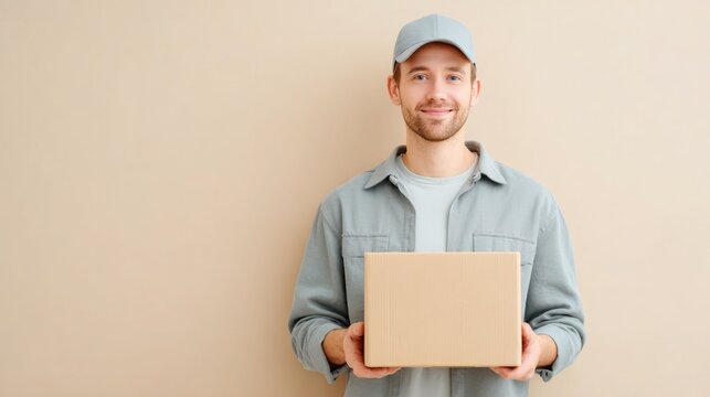 Smiling delivery person holds parcel against neutral background,