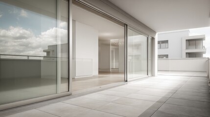 Obraz premium Modern Apartment Balcony with Sliding Glass Doors and City Views, Contemporary Architecture and Design