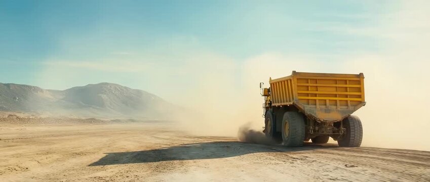 Heavy dump truck off road transportation on dusty desert road with mountain background under clear blue sky, industrial construction vehicle navigating rugged terrain in harsh environment
