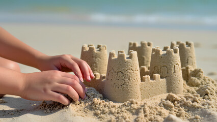 Close-up of children's hands building a large sand castle on the seashore. In the background, a blurred horizon is visible with waves rolling onto the shore. The castle with towers and walls is made o