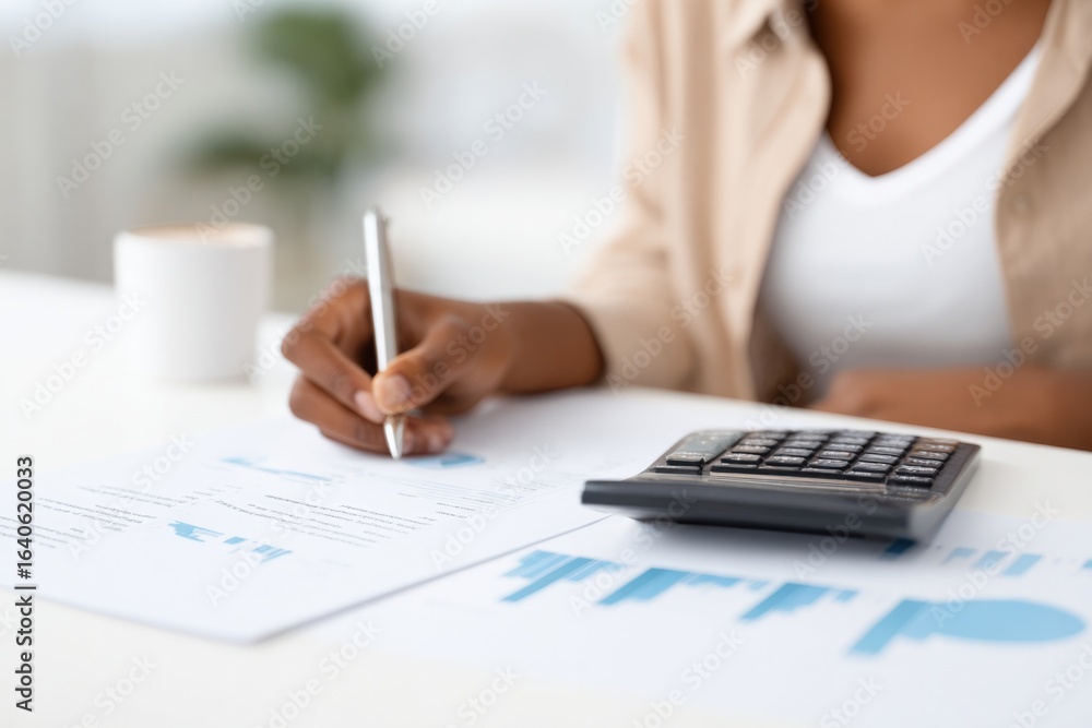 Poster writing notes while calculating, showcasing focus on financial p