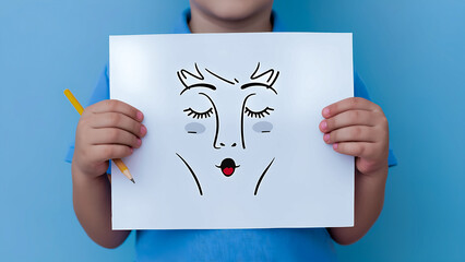 A close-up of a child's hands holding a white sheet of paper with a simple drawing of a face. The sheet shows a face with closed eyes and an open mouth in surprise. A yellow pencil is also visible in 