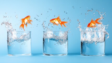 Two clear glass fish bowls on a blue background. The fish are moving, showing splashing and movement. It represents new opportunities or environments. This overall image conveys ambition, change or ta