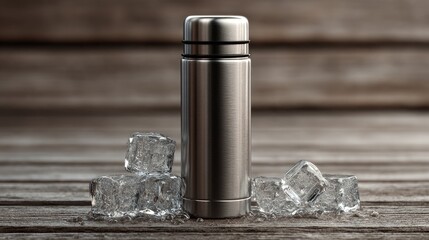 Stainless steel thermos surrounded by ice cubes on a wooden surface
