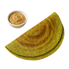 Pesarattu dosa with ginger chutney, on transparent background.