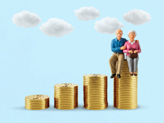 A happy senior couple sits on a growing stack of golden coins, symbolizing successful financial...
