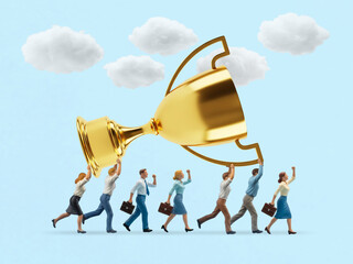 A miniature business team works together to carry a giant golden trophy, symbolizing collective effort and collaboration to achieve a major goal.