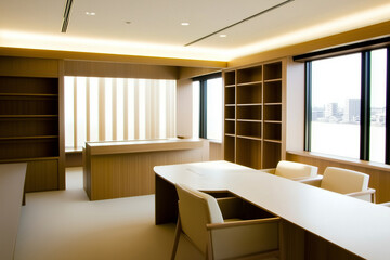 Modern Executive Boardroom with Sleek Wooden Interior and Abundant Natural Light