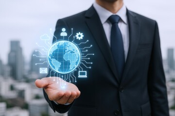 Global Business Network: Businessman Holding Digital Globe with Connection Icons in Urban Cityscape