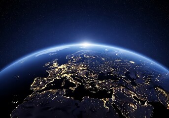 Naklejka premium Earth from space showing europe at night with sunrise glow