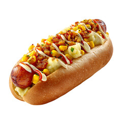 Transparent PNG available Gourmet Loaded Hot Dog with Chili, Mashed Potatoes, and Corn