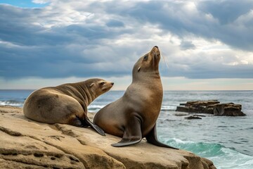 Fototapeta premium California Sea Lions Resting on Coastal Rocks with Ocean Waves Under Dramatic Sky.