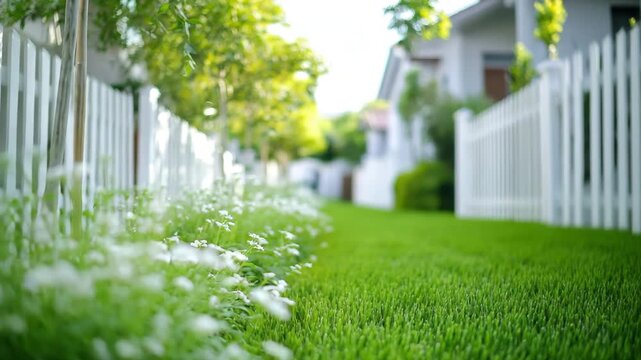 Green grass lawn with white flower and white picket fence in suburban garden outdoor summer scene with green lawn and blurred house background under soft sunlight bright daylight