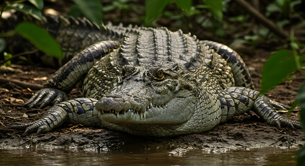 Obraz premium Crocodile Resting By The Water Amid Green Foliage