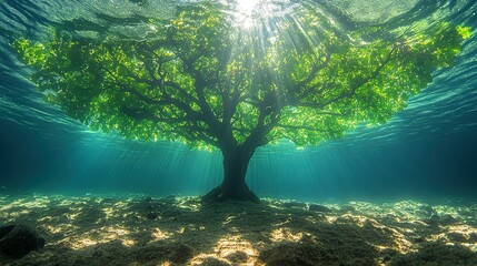 Obraz premium Tree grows underwater with sun rays shining through the water surface.