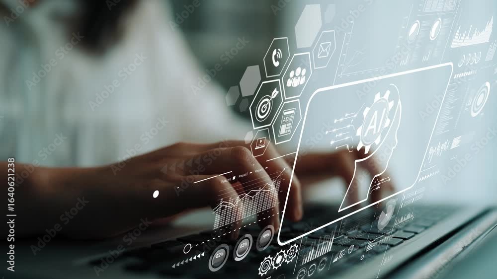 Poster hands typing on laptop with ai and data visualization elements overlaying the screen in modern offic