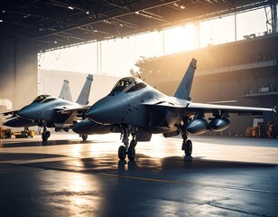 Two fighter jets sit in a hangar bathed in morning sunlight