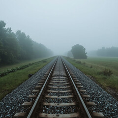 Fototapeta premium Railway into the Fog: A solitary railway track stretches into the distance, vanishing into a thick, atmospheric fog, flanked by trees and leading to an unknown destination.