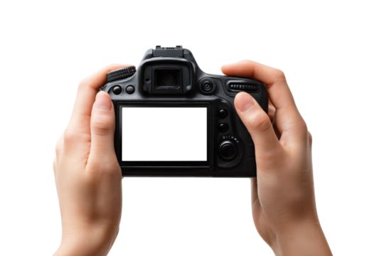 Hands Holding DSLR Camera with Blank Screen isolated on transparent background Remove png, Clipping Path, pen tool